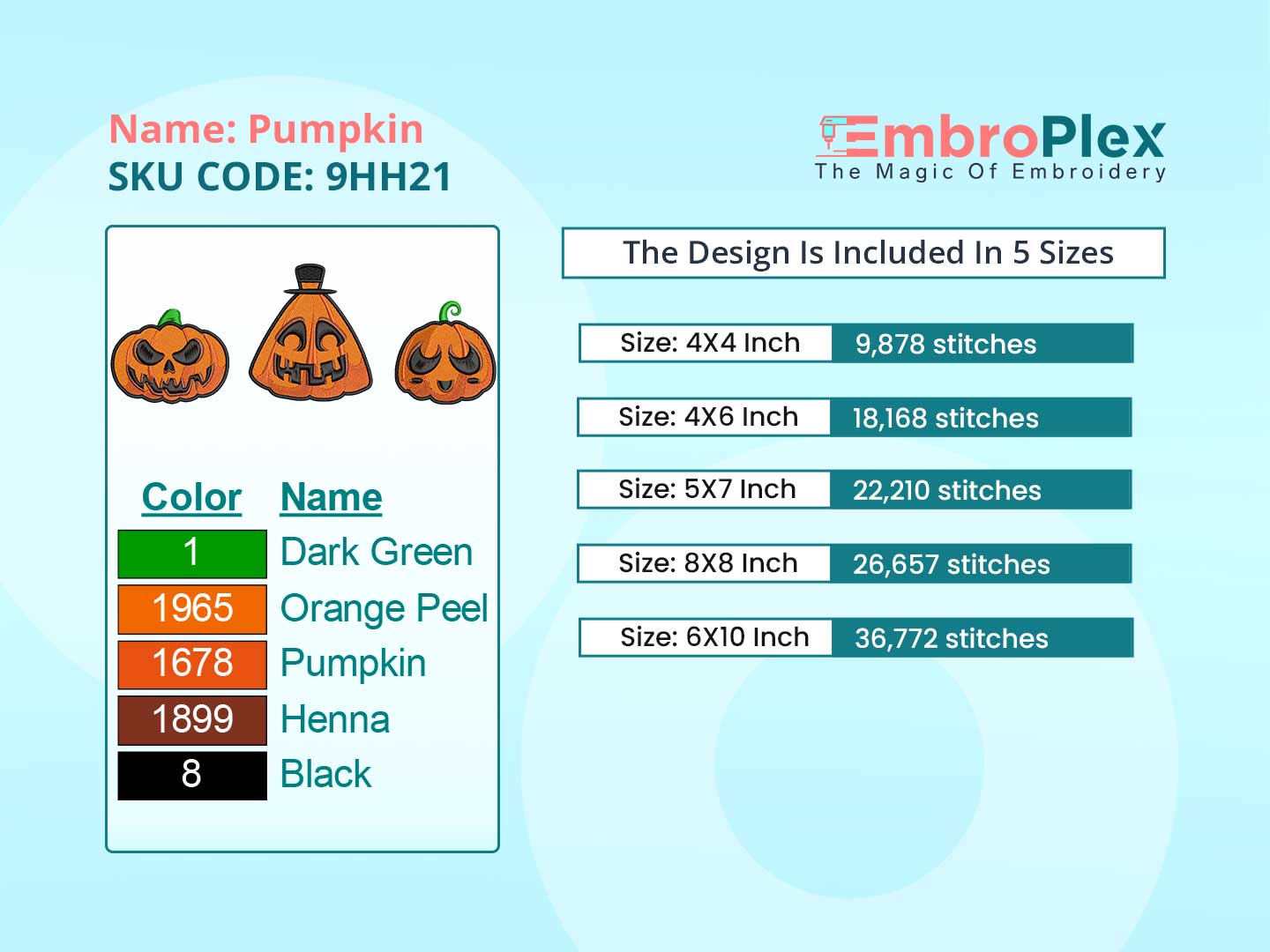 Pumpkin Embroidery Design File main image - This Halloween embroidery designs files featuring Pumpkin from Halloween. Digital download in DST & PES formats. High-quality machine embroidery patterns by EmbroPlex.