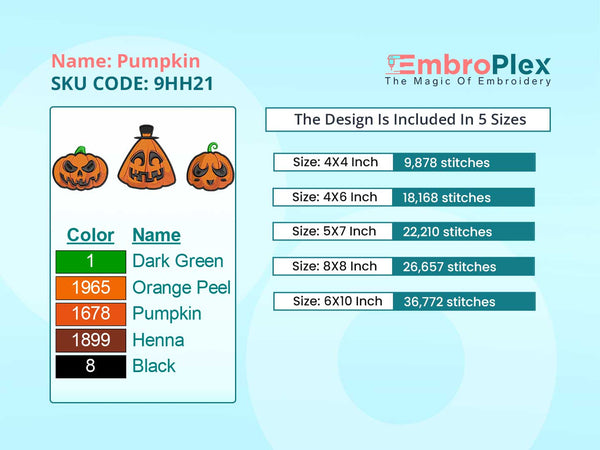 Pumpkin Embroidery Design File main image - This Halloween embroidery designs files featuring Pumpkin from Halloween. Digital download in DST & PES formats. High-quality machine embroidery patterns by EmbroPlex.