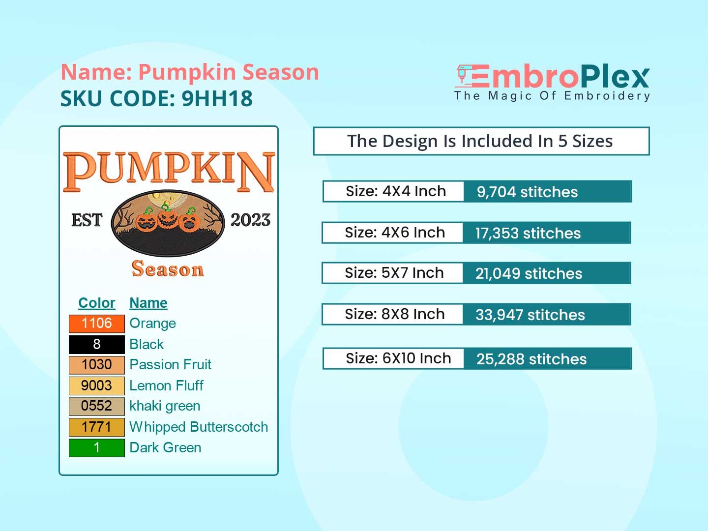 Pumpkin Season Embroidery Design File main image - This embroidery designs files featuring Pumpkin Season from Holidays. Digital download in DST & PES formats. High-quality machine embroidery patterns by EmbroPlex.