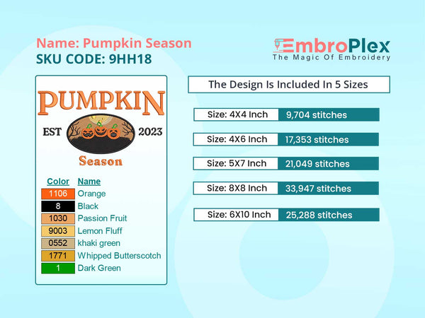 Pumpkin Season Embroidery Design File main image - This embroidery designs files featuring Pumpkin Season from Holidays. Digital download in DST & PES formats. High-quality machine embroidery patterns by EmbroPlex.