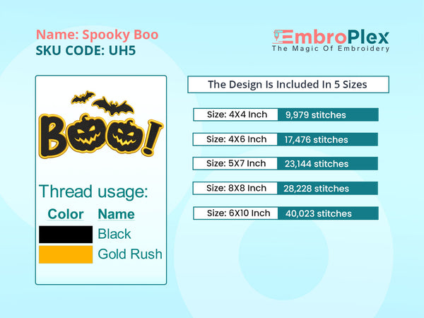 Spooky Boo Embroidery Design with Pumpkins and Bats, Halloween Ready -Colour Size and Stitch info