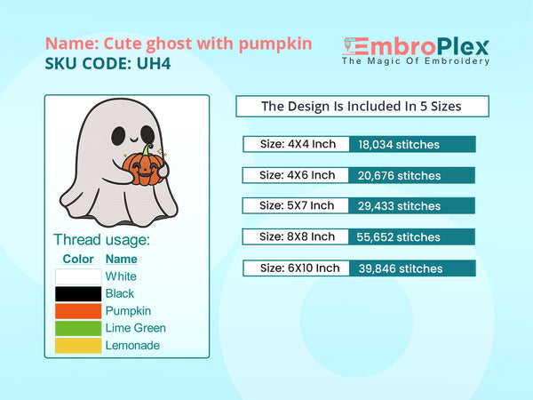 Size and colour stitch info of the Cute Halloween ghost with pumpkin embroidery design, Suitable with any Embroidery Machine - Available In All Hoop Sizes.