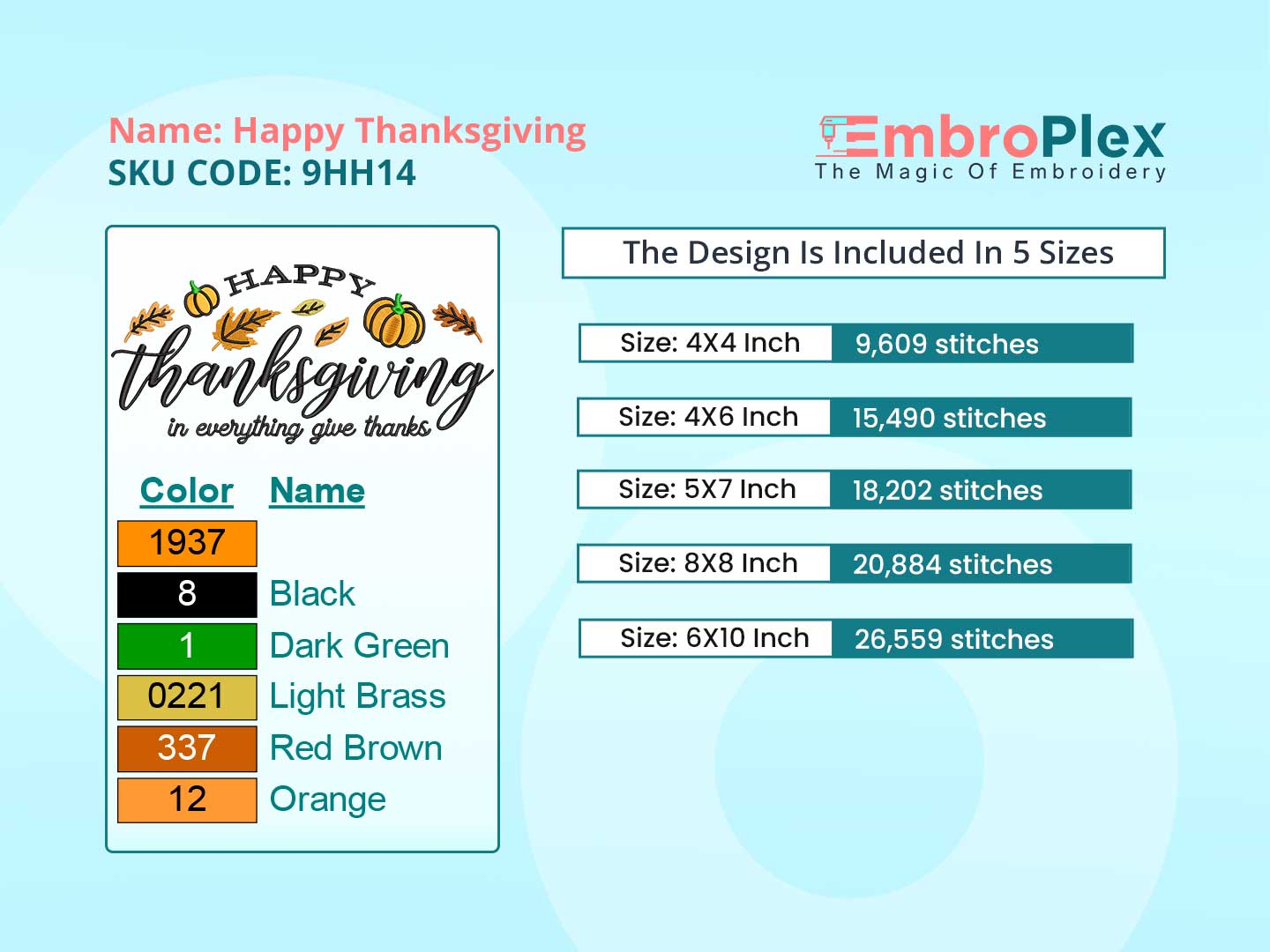 Happy Thanksgiving Embroidery Design File main image - This embroidery designs files featuring Happy Thanksgiving from Halloween. Digital download in DST & PES formats. High-quality machine embroidery patterns by EmbroPlex.