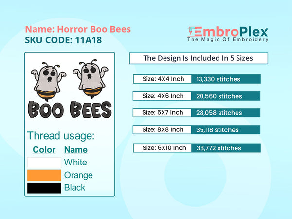 Guide to this Boo Bees embroidery design file, Halloween Embroidery Pattern, instant download for machine embroidery - Available in all Sizes