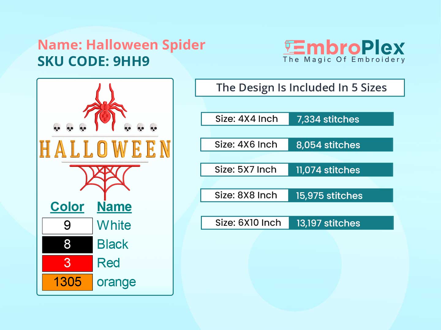 Halloween Spider Embroidery Design File main image - This embroidery designs files featuring Halloween Spider from Halloween. Digital download in DST & PES formats. High-quality machine embroidery patterns by EmbroPlex.