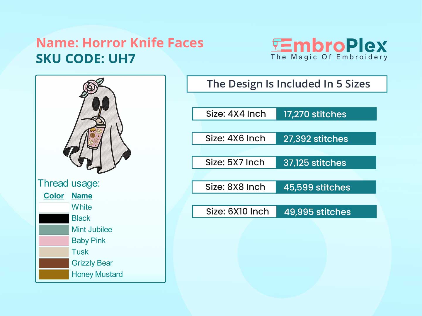 Stitch Size and Colour info to the Spooky Cute Ghost with Bubble Tea Embroidery Design, Halloween Embroidery Design - Available In All Hoop Sizes.