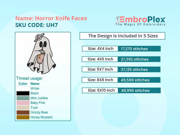 Stitch Size and Colour info to the Spooky Cute Ghost with Bubble Tea Embroidery Design, Halloween Embroidery Design - Available In All Hoop Sizes.