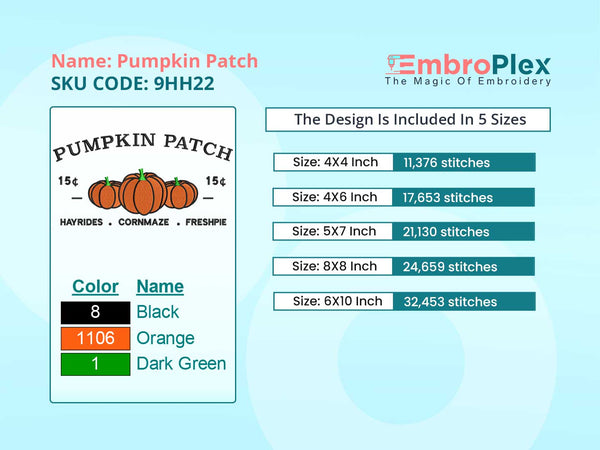 Pumpkin Patch Embroidery Design File main image - This Pumpkin Patch embroidery designs files featuring Pumpkin Patch from Halloween. Digital download in DST & PES formats. High-quality machine embroidery patterns by EmbroPlex.