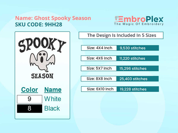 Ghost Spooky Season Embroidery Design File main image - This Halloween embroidery designs files featuring Ghost Spooky Season from Halloween. Digital download in DST & PES formats. High-quality machine embroidery patterns by EmbroPlex.