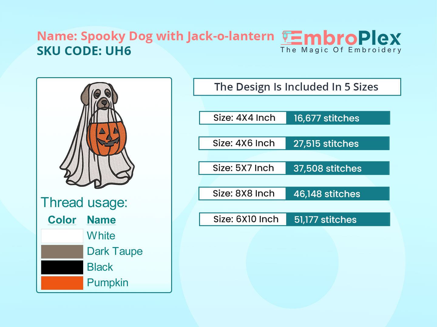 Spooky Dog Embroidery Design For Halloween, Ghost with Jack-o-lantern, Available In All Hoop Sizes.