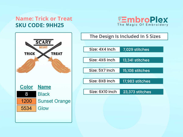 Trick or Treat Embroidery Design File main image - This Halloween embroidery designs files featuring Trick or Treat from Halloween. Digital download in DST & PES formats. High-quality machine embroidery patterns by EmbroPlex.