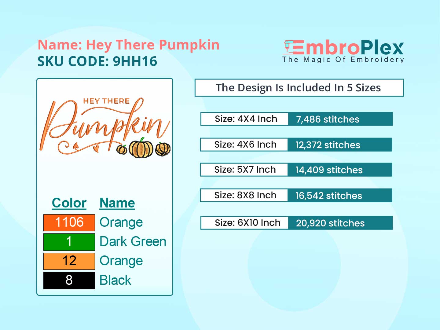 Hey There Pumpkin Embroidery Design File main image - This embroidery designs files featuring Hey There Pumpkin from Holidays. Digital download in DST & PES formats. High-quality machine embroidery patterns by EmbroPlex.