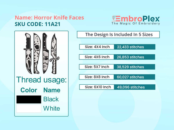 Color Size and Stitches info to the Horror Knife Faces Embroidery Machine Design, Halloween Embroidery Pattern, Instant Download - Available In All Hoop Sizes.