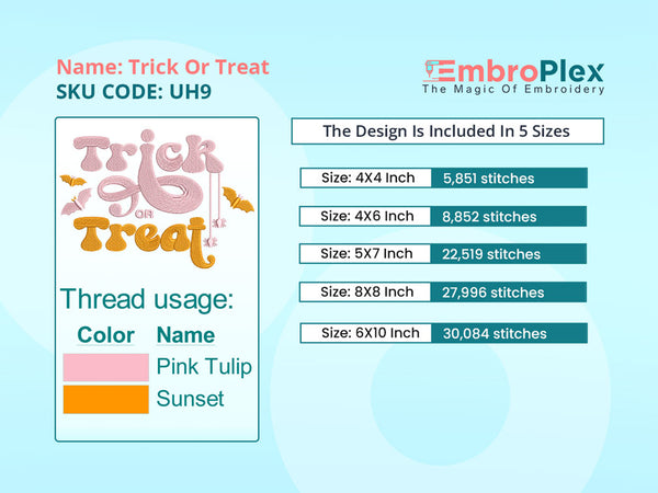 Color and stitch info to the Halloween Trick or Treat Embroidery Pattern, Perfect for Halloween Projects - Available In All Sizes.