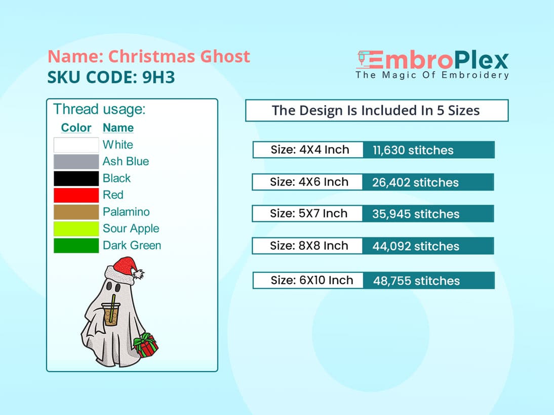 Colour Size and stitch info of the Holiday Ghost with Gift & Iced Coffee Embroidery Design, Christmas embroidery pattern