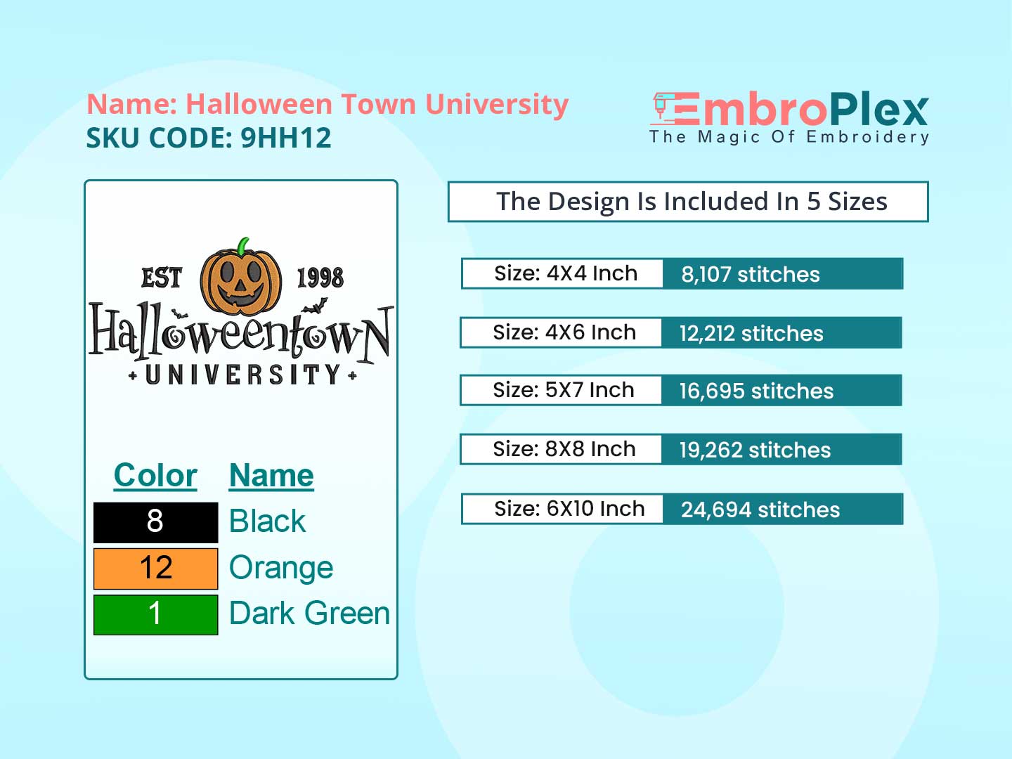 Halloween Town University Embroidery Design File main image - This embroidery designs files featuring Halloween Town University from Halloween. Digital download in DST & PES formats. High-quality machine embroidery patterns by EmbroPlex.