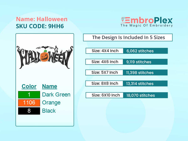 Halloween Embroidery Design File main image - This embroidery designs files featuring Halloween from Halloween. Digital download in DST & PES formats. High-quality machine embroidery patterns by EmbroPlex.