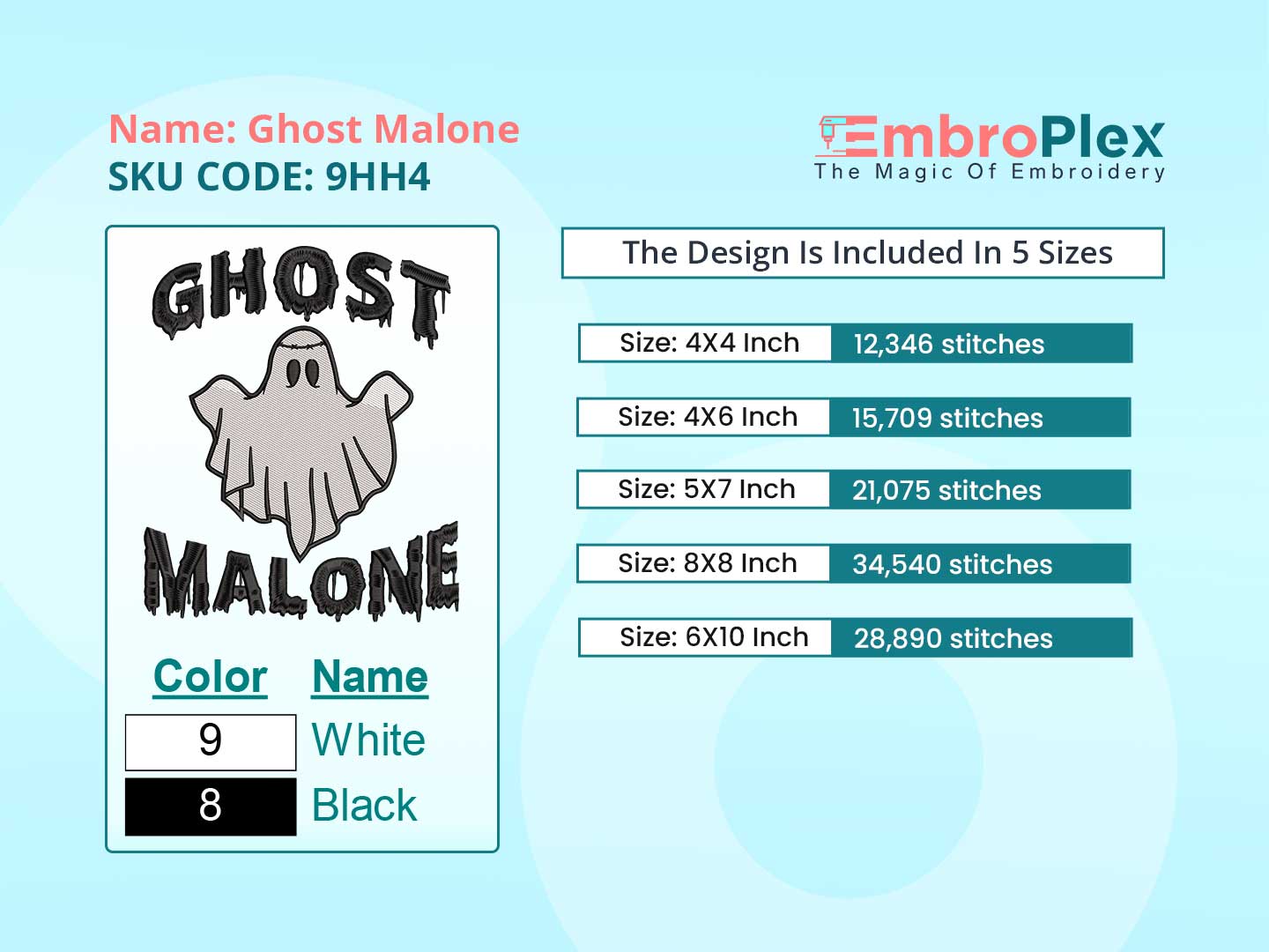 Ghost Malone Embroidery Design File main image - This embroidery designs files featuring Ghost Malone from Halloween. Digital download in DST & PES formats. High-quality machine embroidery patterns by EmbroPlex.