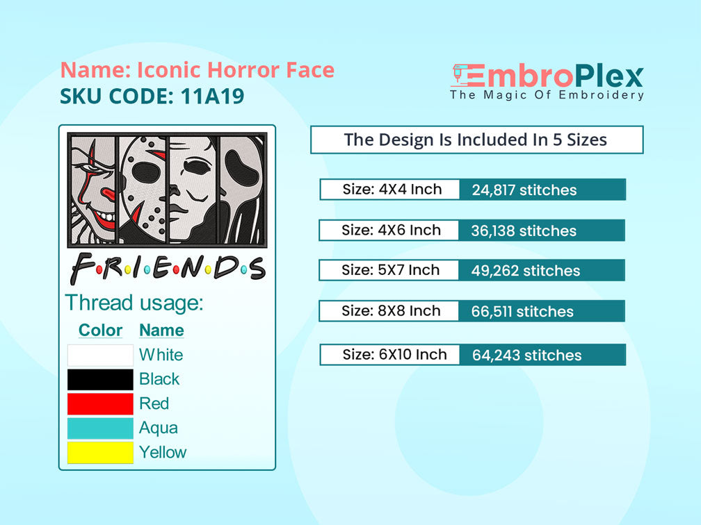 Guide of the Iconic Horror Face Embroidery Design File, Compatible with All Embroidery Machines - Available in all Sizes