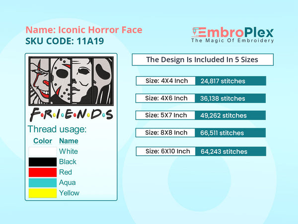 Guide of the Iconic Horror Face Embroidery Design File, Compatible with All Embroidery Machines - Available in all Sizes