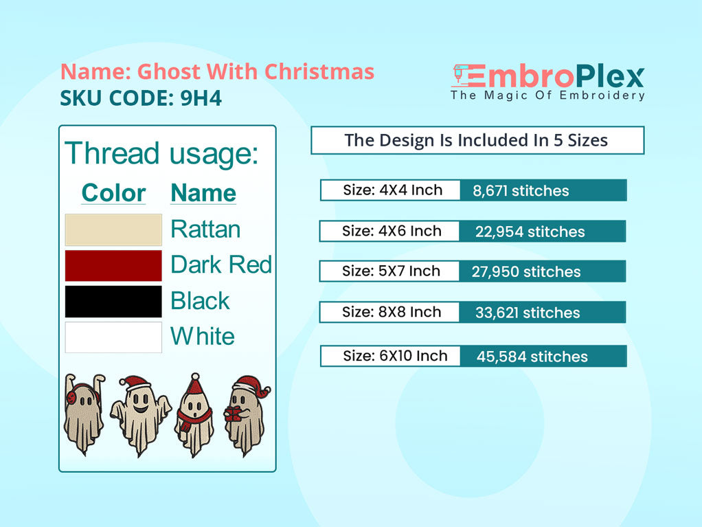 Colour Size and stitch info to the Christmas Ghost Embroidery Design File - Available In All Hoop Sizes.