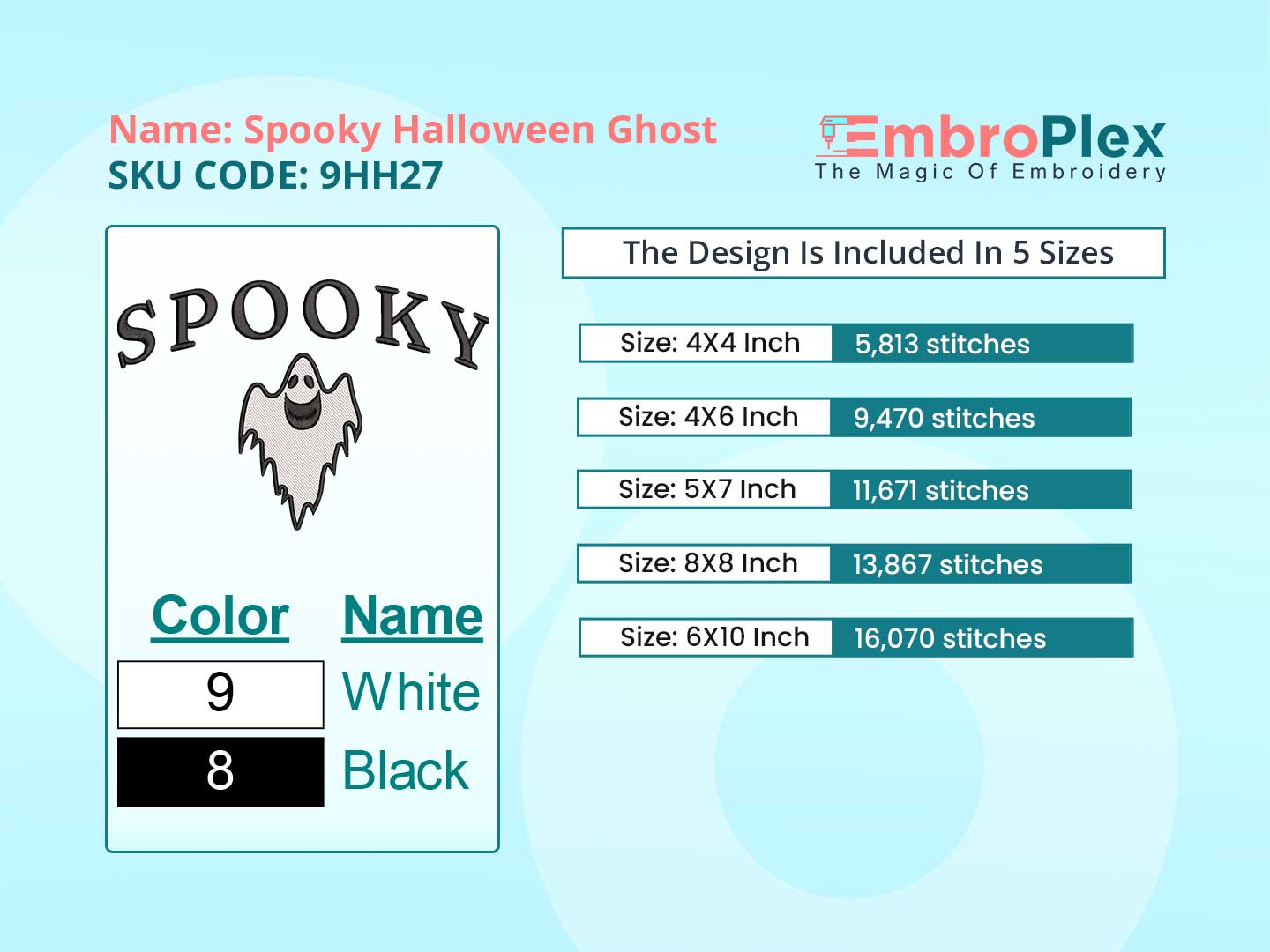 Spooky Halloween Ghost Embroidery Design File main image - This Halloween embroidery designs files featuring Spooky Halloween Ghost from Halloween. Digital download in DST & PES formats. High-quality machine embroidery patterns by EmbroPlex.