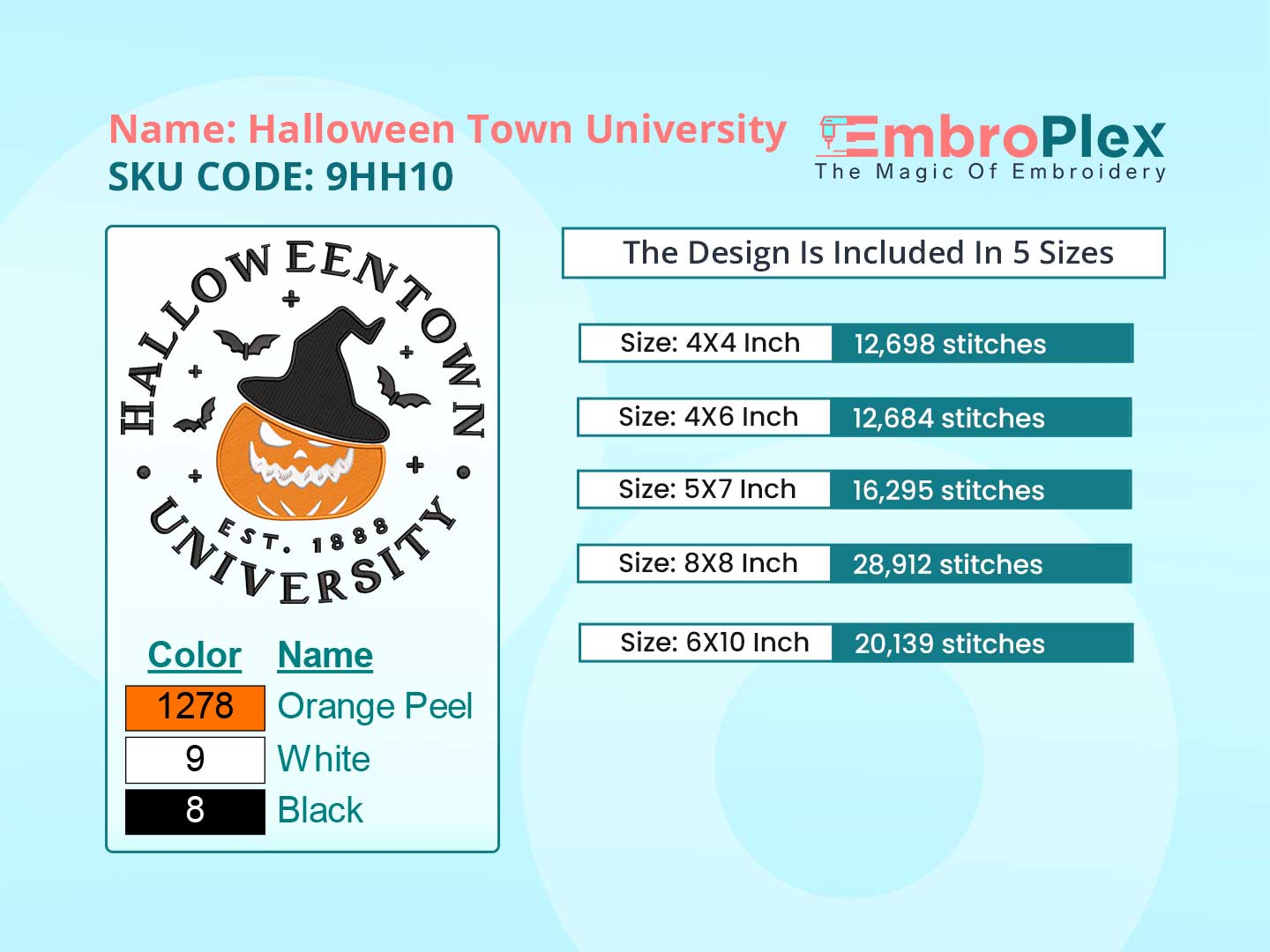 Halloween Town University Embroidery Design File main image - This embroidery designs files featuring Halloween Town University from Halloween. Digital download in DST & PES formats. High-quality machine embroidery patterns by EmbroPlex.