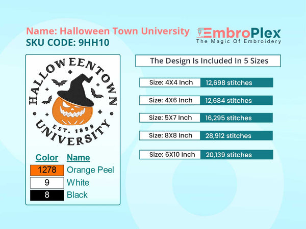 Halloween Town University Embroidery Design File main image - This embroidery designs files featuring Halloween Town University from Halloween. Digital download in DST & PES formats. High-quality machine embroidery patterns by EmbroPlex.