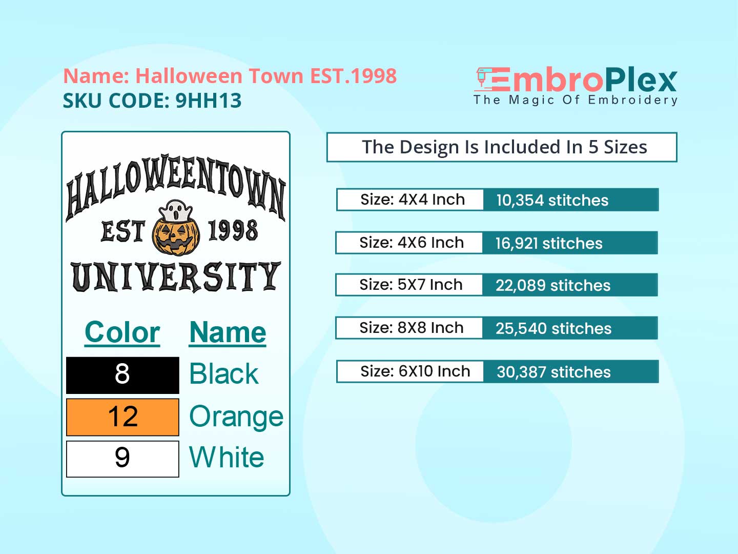 Halloween Town University Embroidery Design File main image - This embroidery designs files featuring Halloween Town University from Halloween. Digital download in DST & PES formats. High-quality machine embroidery patterns by EmbroPlex.