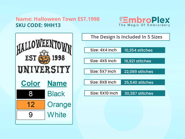 Halloween Town University Embroidery Design File main image - This embroidery designs files featuring Halloween Town University from Halloween. Digital download in DST & PES formats. High-quality machine embroidery patterns by EmbroPlex.