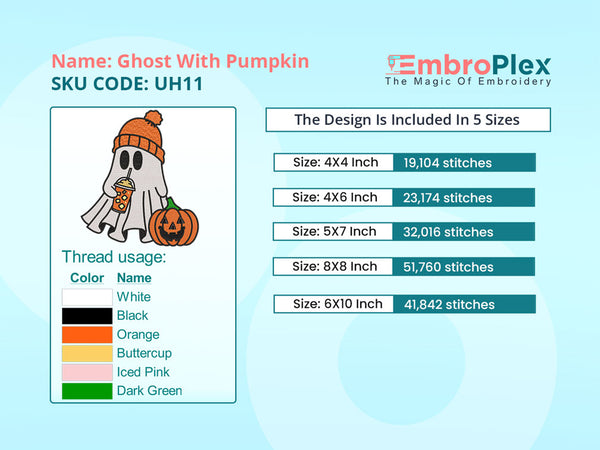 Color Size and stitch info to the Halloween Ghost with Pumpkin Embroidery Design, Halloween special - Available In All Sizes.