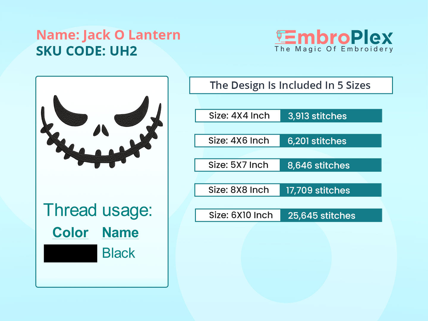 Color Size and Stitch info of the Halloween Pumpkin Face Embroidery Design, Instant Download - Available In All Hoop Sizes.