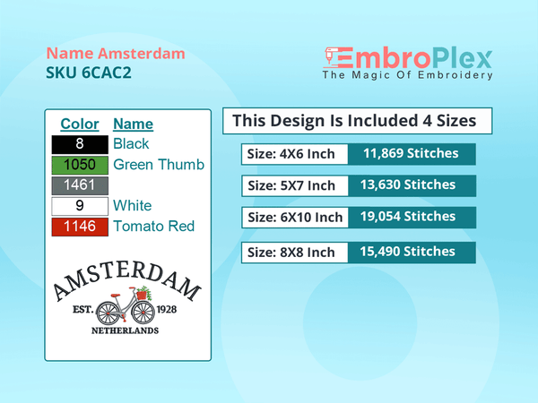All Size Cities and Countries-Inspired Amsterdam Embroidery Design File