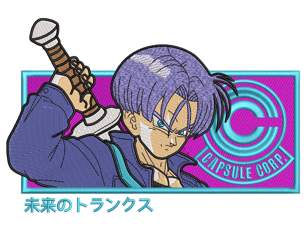 Anime-Inspired Future Trunks Embroidery Design File main image - This anime embroidery designs files featuring Future Trunks from Dragon Ball Digital download in DST & PES formats. High-quality machine embroidery patterns by EmbroPlex.