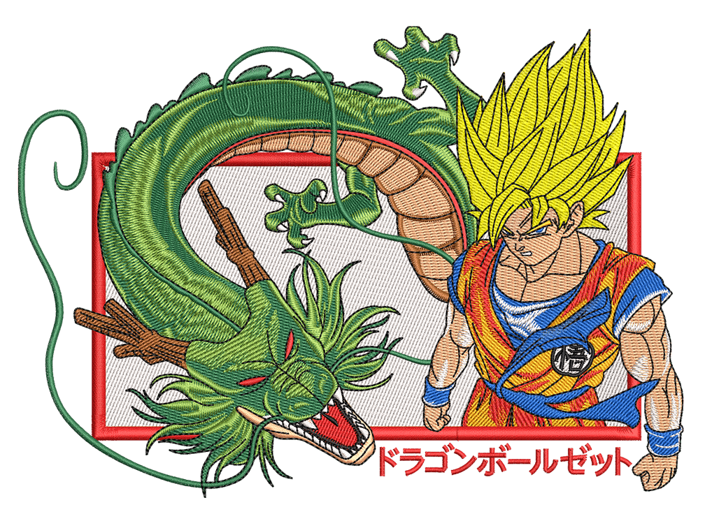 Anime-Inspired Goku & Shenron Embroidery Design File main image - This anime embroidery designs files featuring Goku & Shenron from Dragon Ball Digital download in DST & PES formats. High-quality machine embroidery patterns by EmbroPlex.