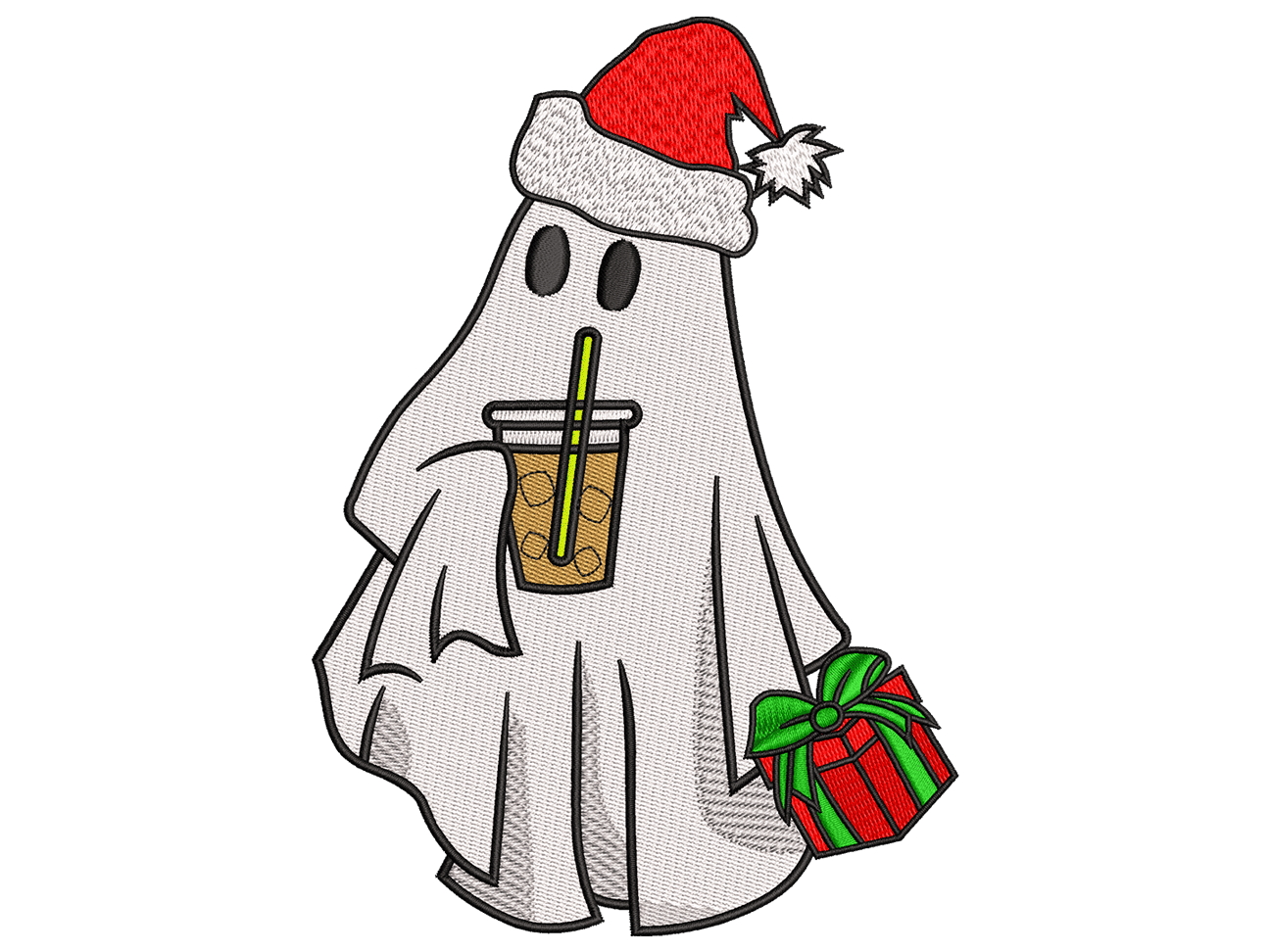 Holiday Ghost with Gift & Iced Coffee Embroidery Design, Christmas embroidery pattern