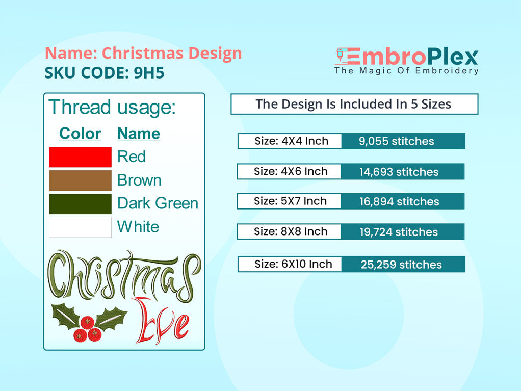 Color, size, and stitch info of the Christmas embroidery design for all embroidery machines—available in Available hoop sizes.