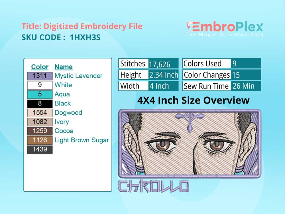 Anime-Inspired Chrollo Lucilfer Embroidery Design File - 4x4 Inch hoop Size Variation overview image