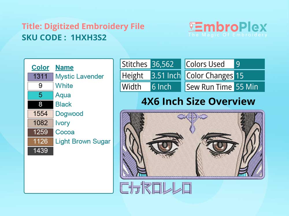 Anime-Inspired Chrollo Lucilfer Embroidery Design File - 4x6 Inch hoop Size Variation overview image