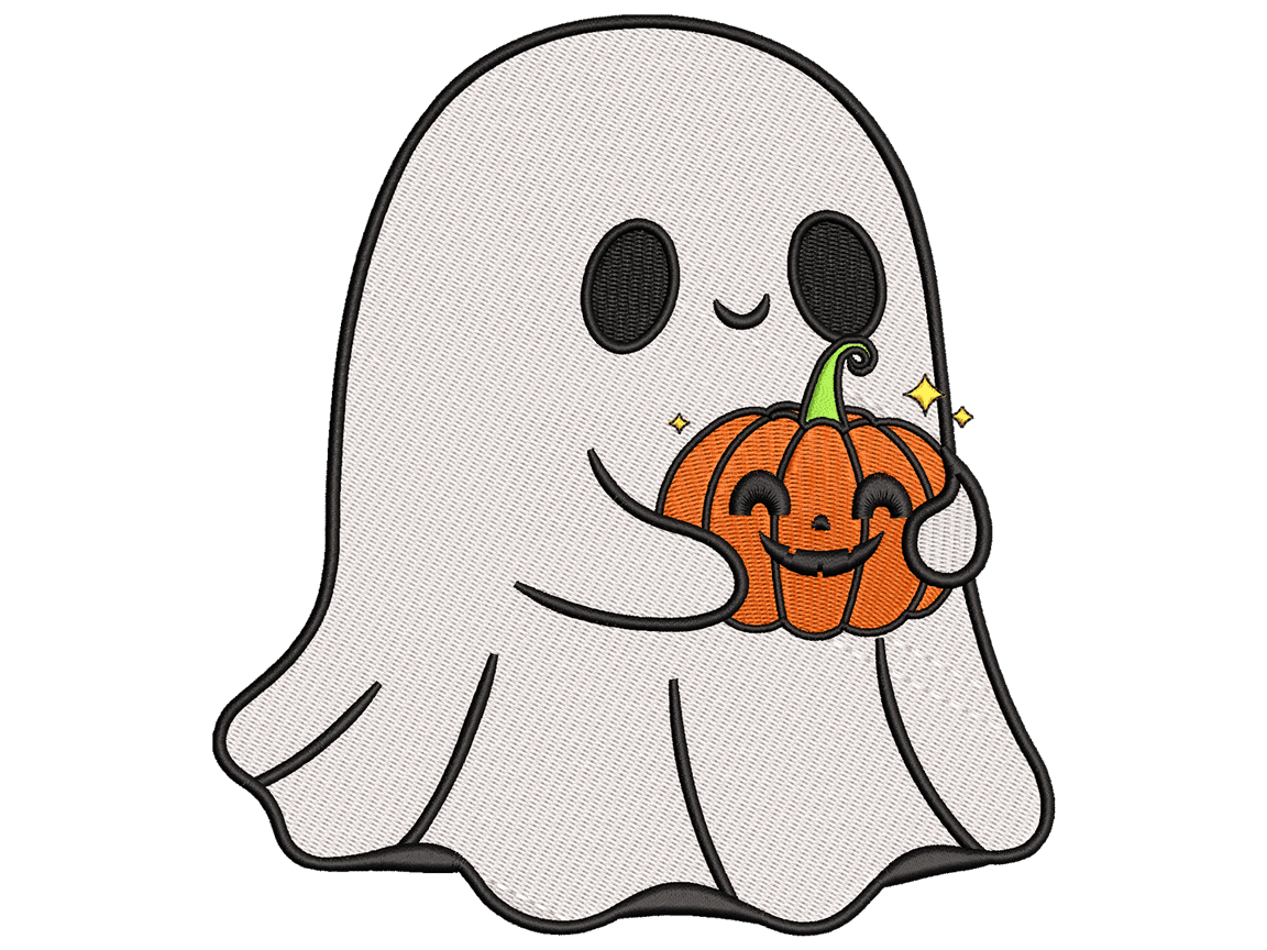 Cute Halloween ghost with pumpkin embroidery design, Suitable with any Embroidery Machine - Available In All Hoop Sizes.