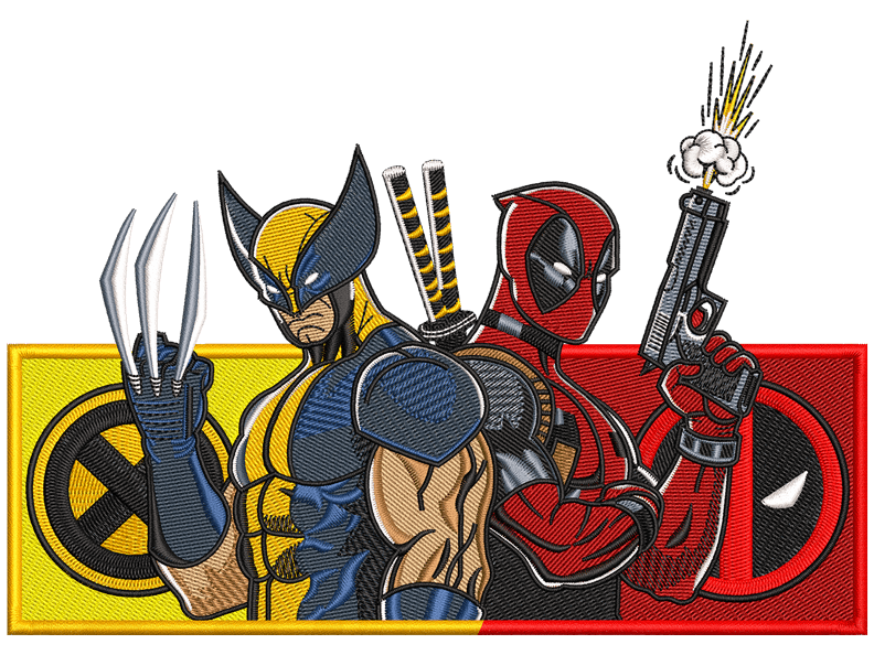 Superhero-Inspired Deadpool And Wolverine Embroidery Design File main image - This superhero embroidery design file features Deadpool and Wolverine. Digital download in DST & PES formats. High-quality machine embroidery patterns by EmbroPlex.