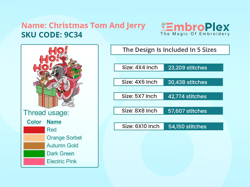 Colour and size info of the Famous Cartoon Christmas Embroidery Design, Suitable with any Embroidery Machine - Available in All Hoop Sizes