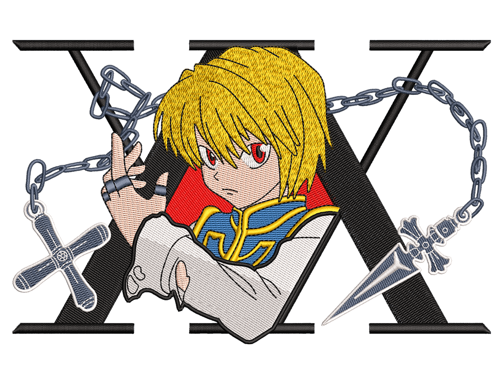 Anime-Inspired kurapika Embroidery Design File main image - This anime embroidery designs files featuring kurapika from Hunter X Hunter. Digital download in DST & PES formats. High-quality machine embroidery patterns by EmbroPlex.
