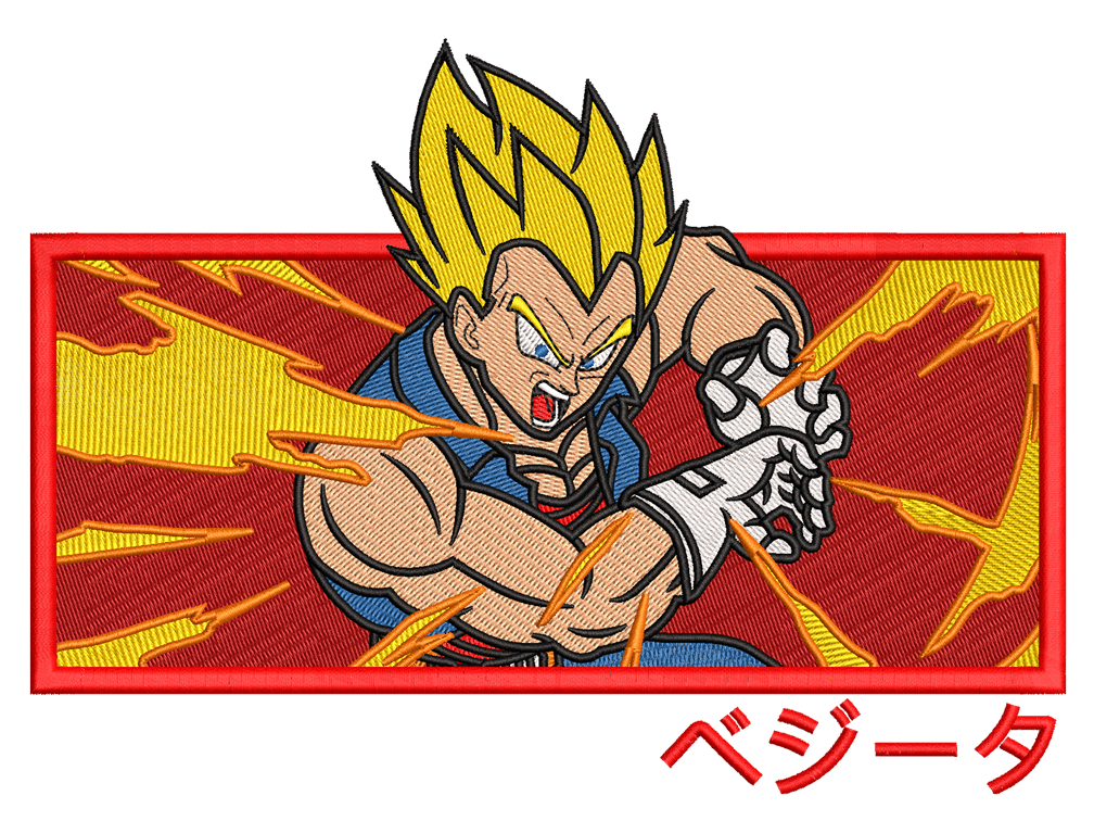 Anime-Inspired Vegeta Embroidery Design File main image - This anime embroidery designs files featuring Vegeta from Dragon Ball Digital download in DST & PES formats. High-quality machine embroidery patterns by EmbroPlex.