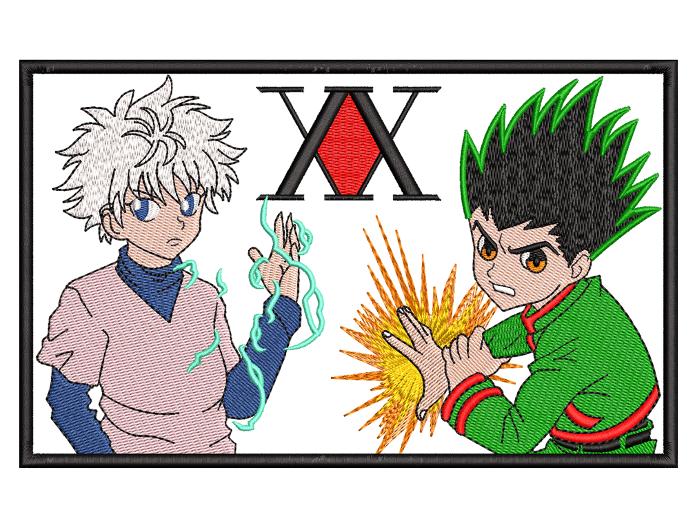 Anime-Inspired Gon and Kilua Embroidery Design File main image - This anime embroidery designs files featuring Gon and Kilua from Hunter X Hunter. Digital download in DST & PES formats. High-quality machine embroidery patterns by EmbroPlex.