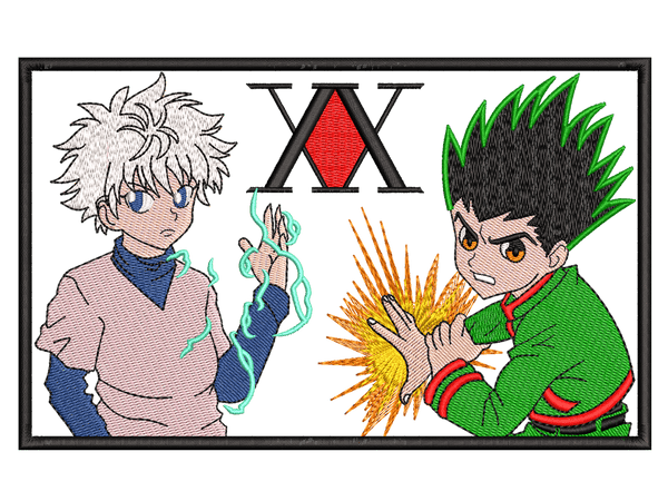 Anime-Inspired Gon and Kilua Embroidery Design File main image - This anime embroidery designs files featuring Gon and Kilua from Hunter X Hunter. Digital download in DST & PES formats. High-quality machine embroidery patterns by EmbroPlex.