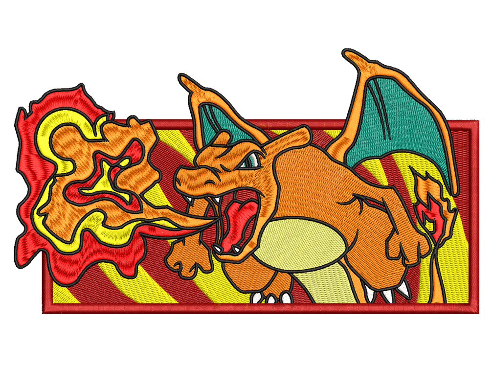 Cartoon-Inspired Charizard Embroidery Design File main image - This Cartoon embroidery designs files featuring Charizard from Pokemon. Digital download in DST & PES formats. High-quality machine embroidery patterns by EmbroPlex.