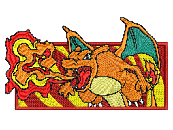 Cartoon-Inspired Charizard Embroidery Design File main image - This Cartoon embroidery designs files featuring Charizard from Pokemon. Digital download in DST & PES formats. High-quality machine embroidery patterns by EmbroPlex.