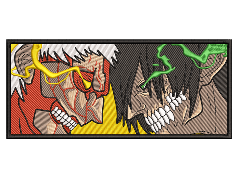 Anime-Inspired Eren Vs Reiner Embroidery Design File main image - This anime embroidery designs files featuring Eren Vs Reiner from Attack On Titan. Digital download in DST & PES formats. High-quality machine embroidery patterns by EmbroPlex.