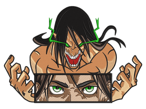 Anime-Inspired Eren With Titan Embroidery Design File main image - This anime embroidery designs files featuring Eren With Titan from Attack On Titan. Digital download in DST & PES formats. High-quality machine embroidery patterns by EmbroPlex.